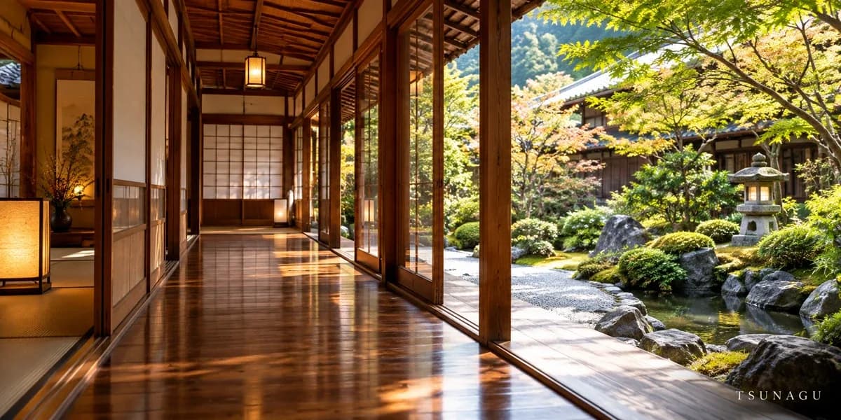庭に面した旅館の廊下