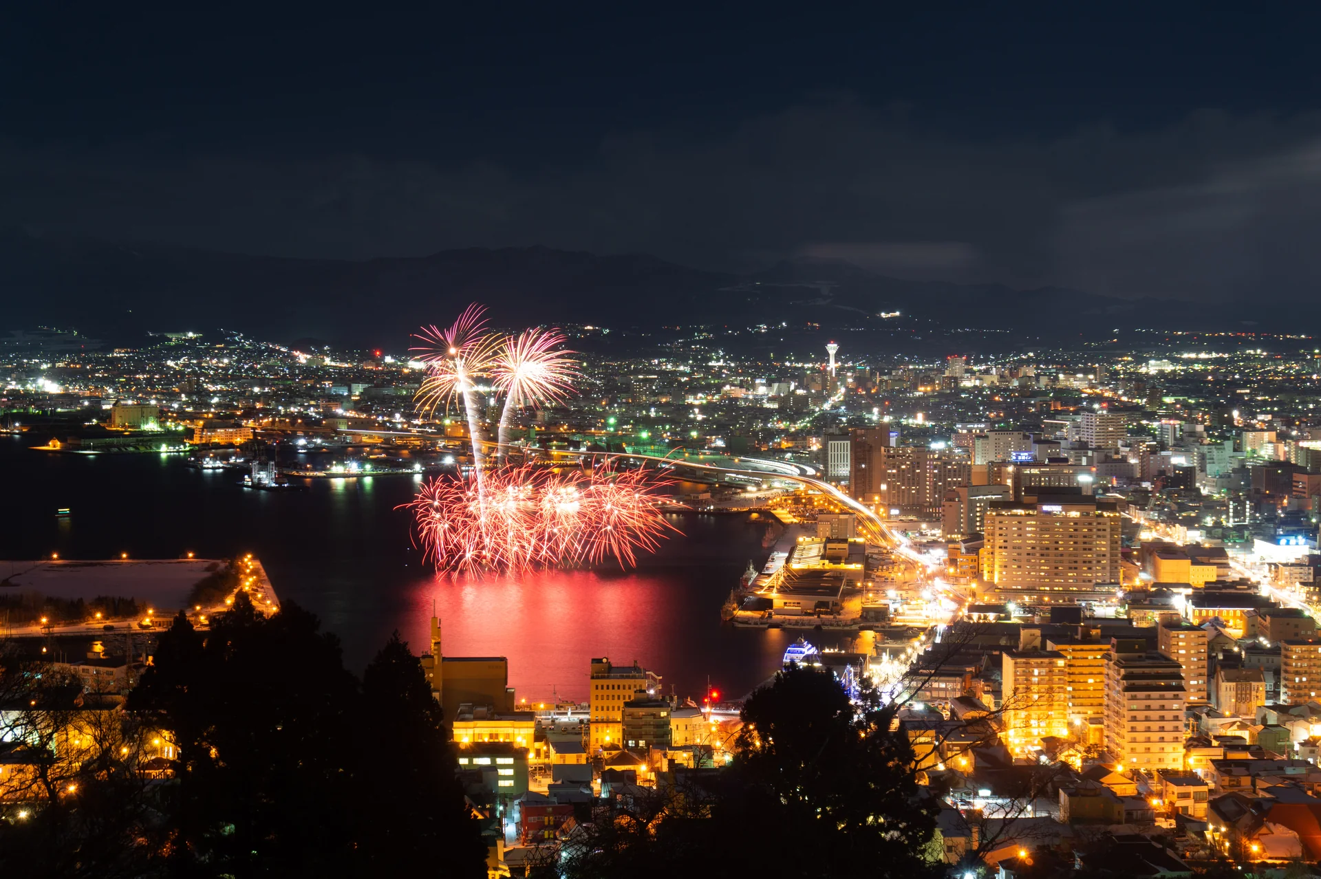 函館山から眺める光の広がる街と海上の冬花火