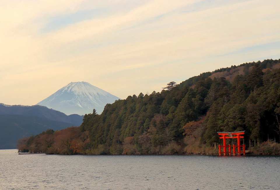 Lake Ashi in autumn with Mt Fuji and a lakeside torii gate, Hakone
