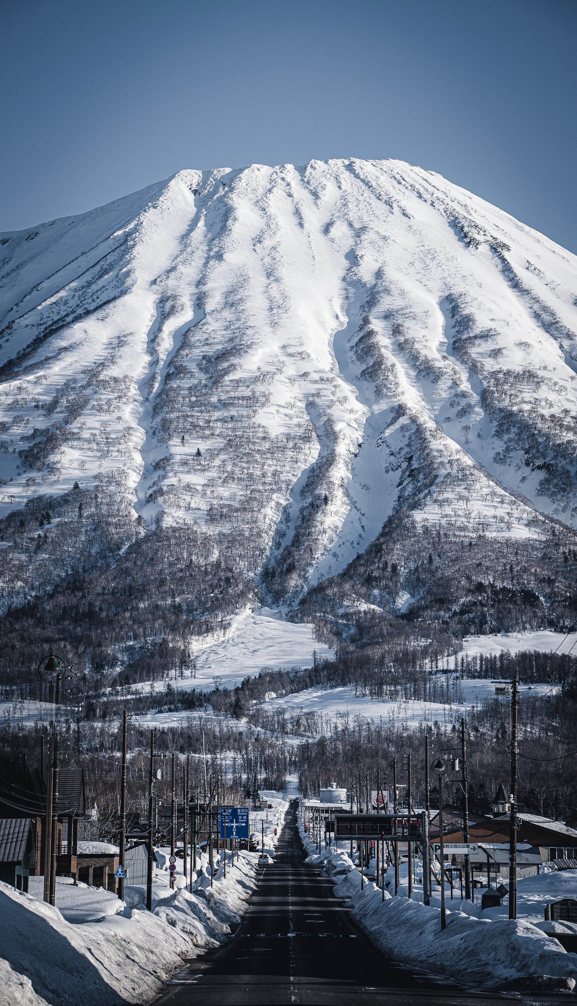 真狩村の道路の先にそびえる羊蹄山