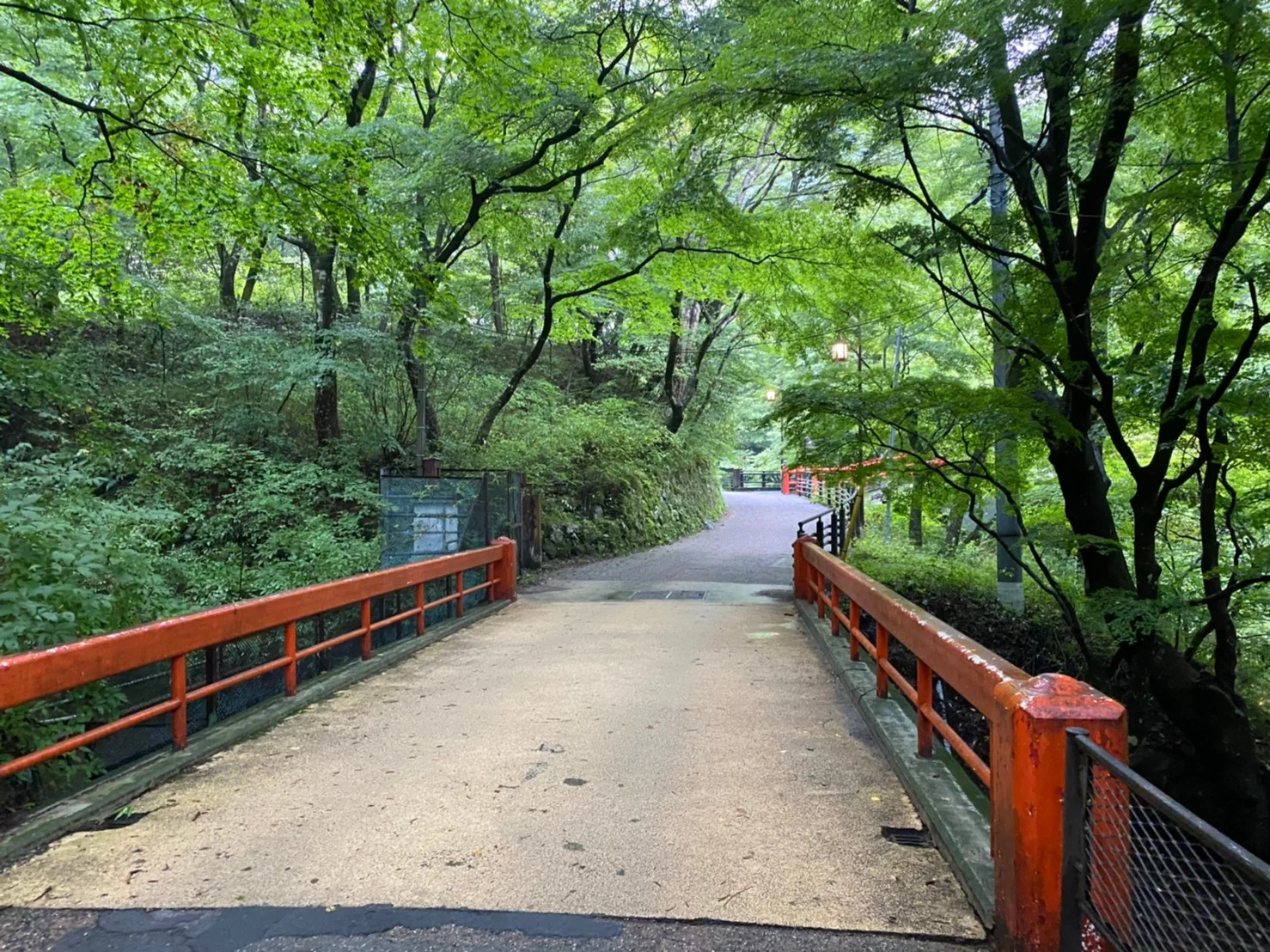 伊香保温泉・緑の中に架かる赤い橋