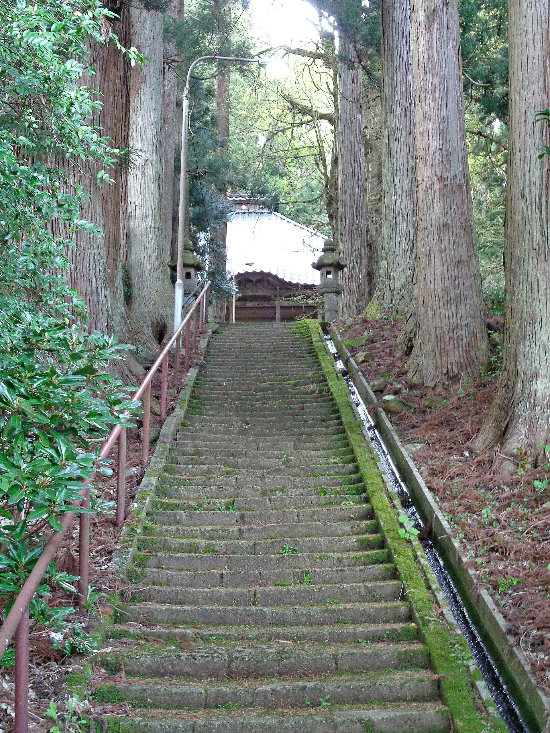 湯田川温泉・杉木立の中を上る由豆佐売神社の石段