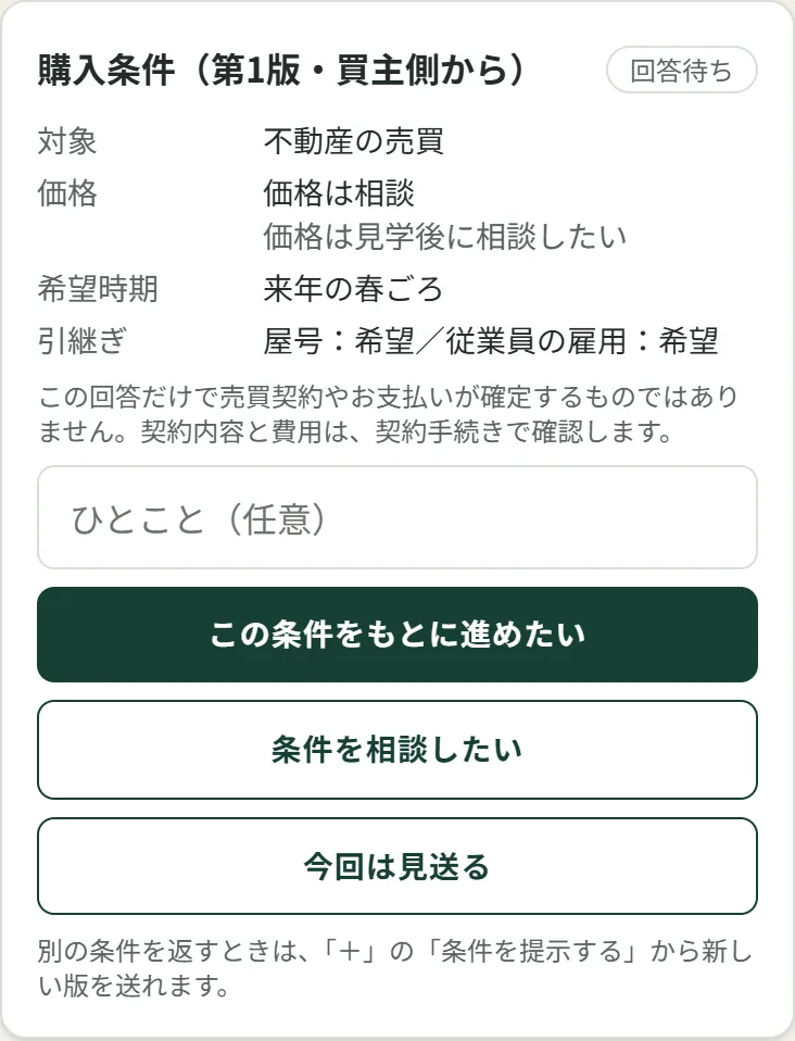 購入条件のカード。この条件をもとに進めたい・条件を相談したい・今回は見送るの3つで回答する
