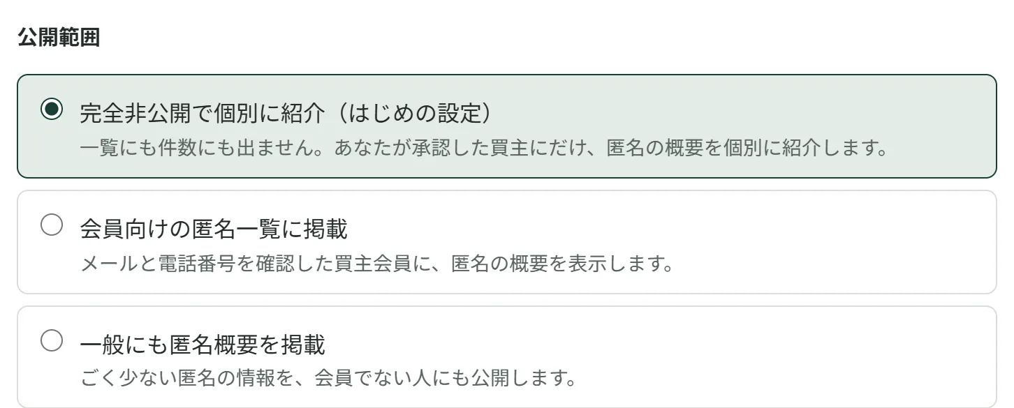 公開範囲の選択。完全非公開で個別に紹介、会員向けの匿名一覧に掲載、一般にも匿名概要を掲載の3つ