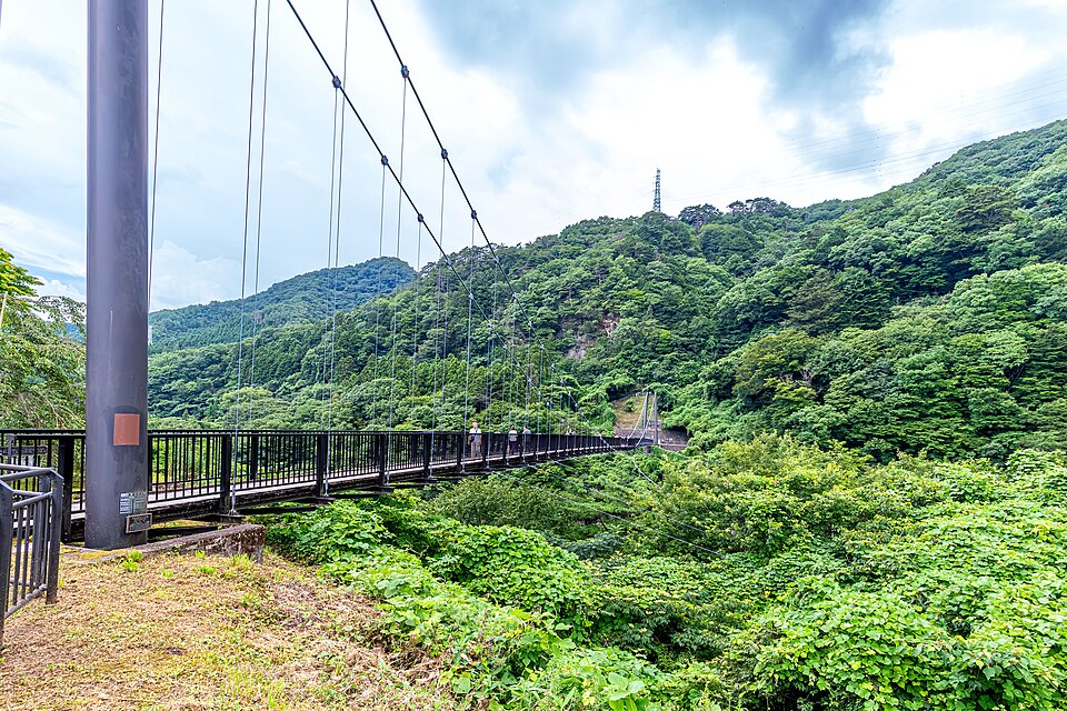 緑の渓谷に架かる鬼怒楯岩大吊橋